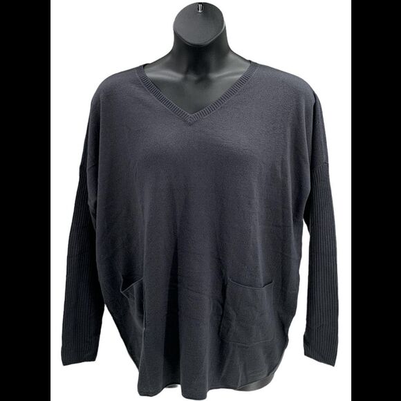 Denim & Co. Tops - Denim & Co. V-Neck Drop Shoulder Long-Sleeve Tunic Charcoal Gray - Petite